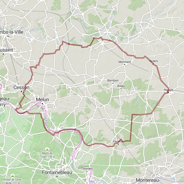Map miniature of "Gravel cycling adventure from Nangis" cycling inspiration in Ile-de-France, France. Generated by Tarmacs.app cycling route planner