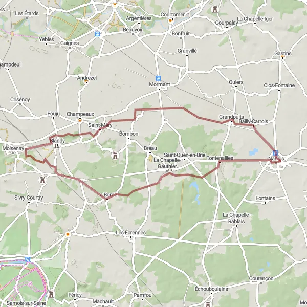 Miniature de la carte de l'inspiration cycliste "Exploration Gravel de la Brie" dans la Ile-de-France, France. Générée par le planificateur d'itinéraire cycliste Tarmacs.app