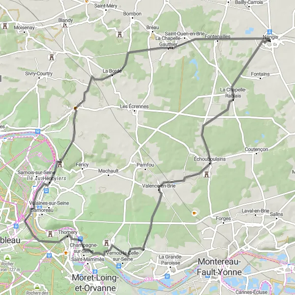 Miniature de la carte de l'inspiration cycliste "Boucle Campagnarde en Seine-et-Marne" dans la Ile-de-France, France. Générée par le planificateur d'itinéraire cycliste Tarmacs.app