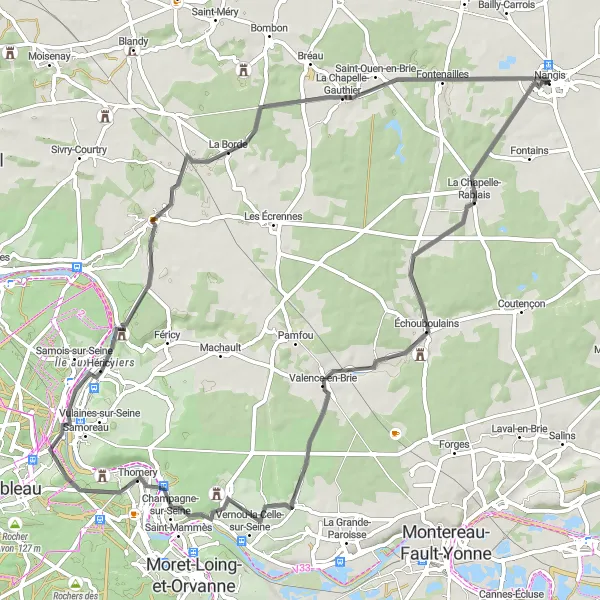 Map miniature of "Nangis to Échouboulains Loop" cycling inspiration in Ile-de-France, France. Generated by Tarmacs.app cycling route planner