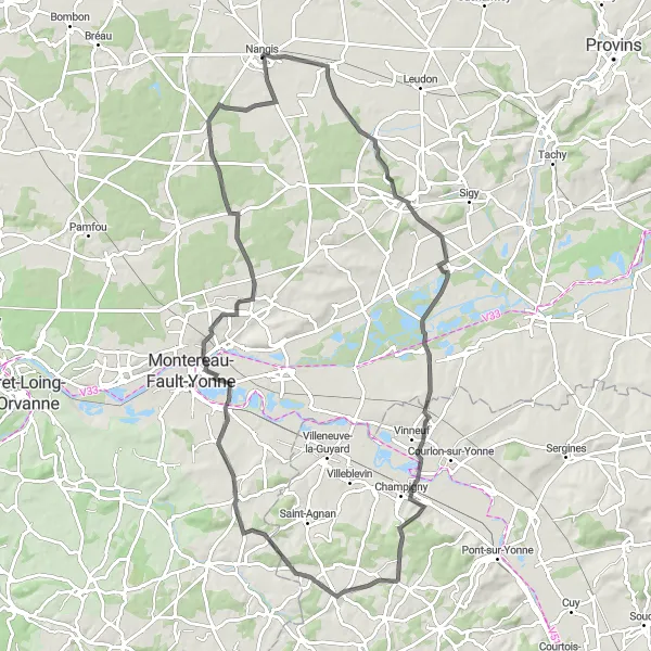 Map miniature of "Loop through Donnemarie-Dontilly and Esmans" cycling inspiration in Ile-de-France, France. Generated by Tarmacs.app cycling route planner