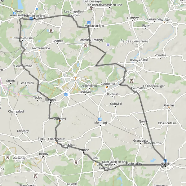Miniature de la carte de l'inspiration cycliste "Les Vallées de la Brie" dans la Ile-de-France, France. Générée par le planificateur d'itinéraire cycliste Tarmacs.app