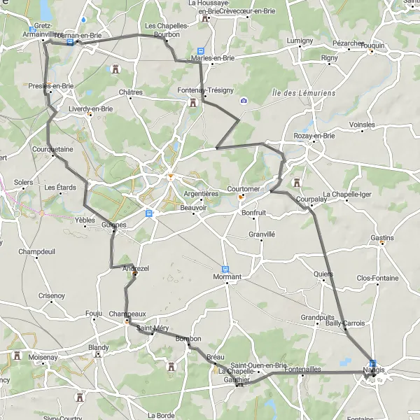 Map miniature of "Scenic road cycling near Nangis" cycling inspiration in Ile-de-France, France. Generated by Tarmacs.app cycling route planner