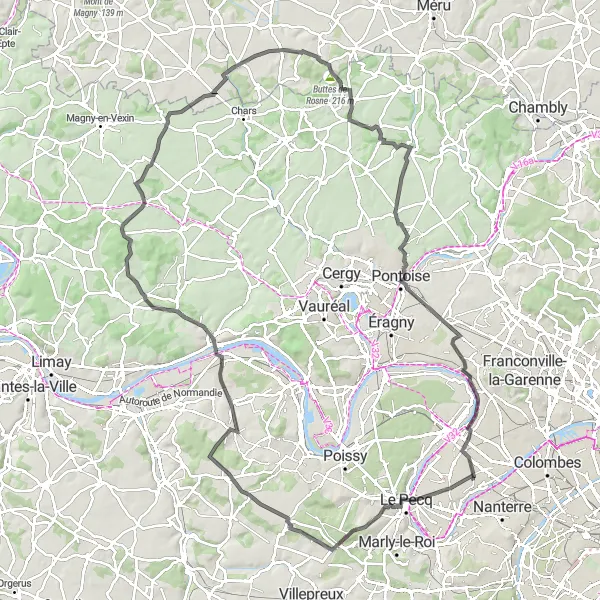 Miniature de la carte de l'inspiration cycliste "Grand Tour des Yvelines depuis Nanterre" dans la Ile-de-France, France. Générée par le planificateur d'itinéraire cycliste Tarmacs.app