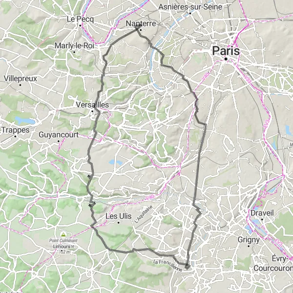 Miniature de la carte de l'inspiration cycliste "Boucle du Tour de l'Ile-de-France" dans la Ile-de-France, France. Générée par le planificateur d'itinéraire cycliste Tarmacs.app