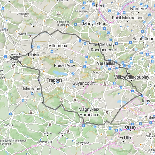 Map miniature of "Neauphle-le-Château Loop via Promotoire des Étangs de Saclay" cycling inspiration in Ile-de-France, France. Generated by Tarmacs.app cycling route planner
