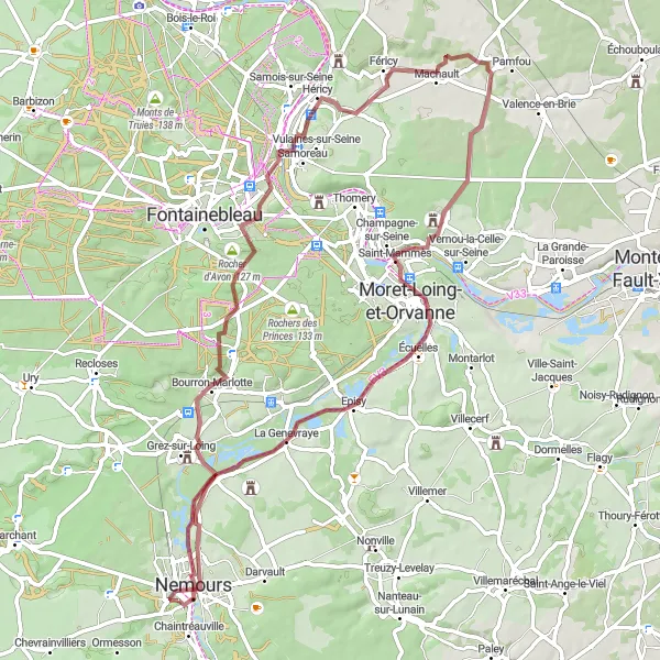 Map miniature of "Gravel Adventure: Nemours to Avon" cycling inspiration in Ile-de-France, France. Generated by Tarmacs.app cycling route planner