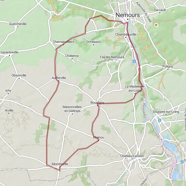 Map miniature of "Scenic Gravel Ride near Nemours" cycling inspiration in Ile-de-France, France. Generated by Tarmacs.app cycling route planner