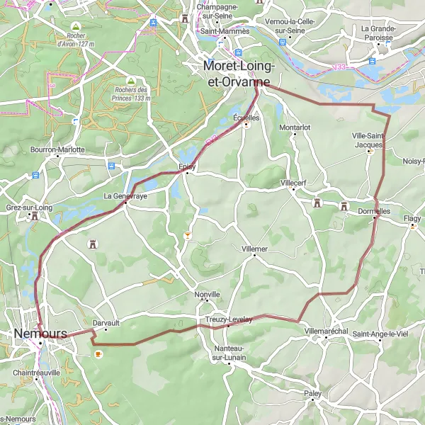 Map miniature of "Nemours Gravel Loop" cycling inspiration in Ile-de-France, France. Generated by Tarmacs.app cycling route planner