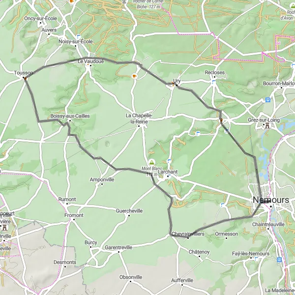 Map miniature of "The Challenging Loop: Nemours to Chevrainvilliers" cycling inspiration in Ile-de-France, France. Generated by Tarmacs.app cycling route planner