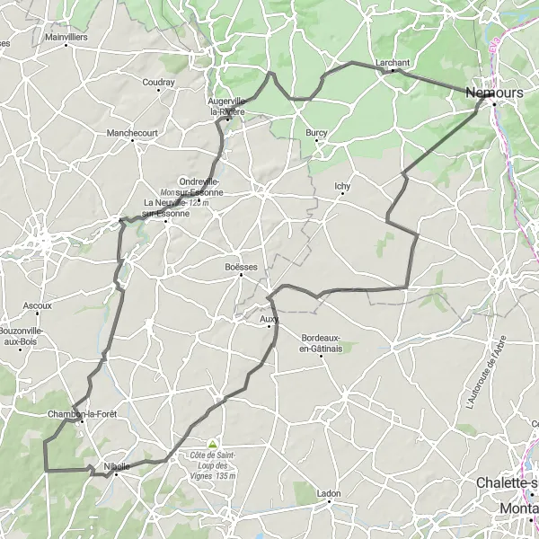 Map miniature of "Discover the Heart of Île-de-France: Nemours to Mont Blanc" cycling inspiration in Ile-de-France, France. Generated by Tarmacs.app cycling route planner