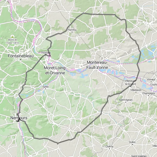 Miniature de la carte de l'inspiration cycliste "Parcours panoramique autour de Nemours" dans la Ile-de-France, France. Générée par le planificateur d'itinéraire cycliste Tarmacs.app