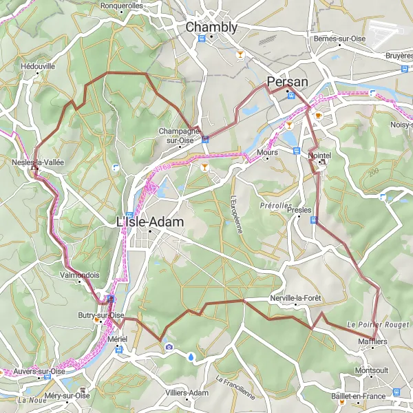 Map miniature of "Nesles-la-Vallée Gravel Circuit" cycling inspiration in Ile-de-France, France. Generated by Tarmacs.app cycling route planner