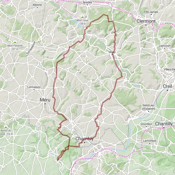 Map miniature of "The Thelle Valley gravel escape" cycling inspiration in Ile-de-France, France. Generated by Tarmacs.app cycling route planner