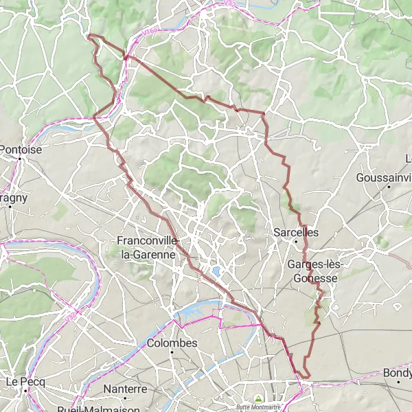 Map miniature of "The Gonesse Valley gravel adventure" cycling inspiration in Ile-de-France, France. Generated by Tarmacs.app cycling route planner