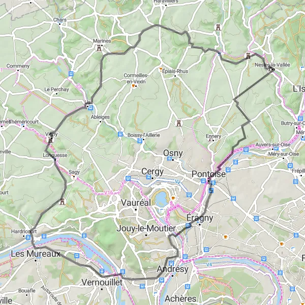 Map miniature of "Road Cycling Tour of Nesles-la-Vallée" cycling inspiration in Ile-de-France, France. Generated by Tarmacs.app cycling route planner