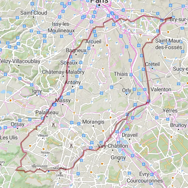Miniature de la carte de l'inspiration cycliste "Circuit de la Faune et de la Flore dans le Val-de-Marne" dans la Ile-de-France, France. Générée par le planificateur d'itinéraire cycliste Tarmacs.app