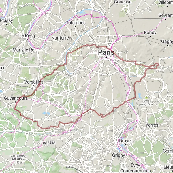 Map miniature of "The Western Exploration" cycling inspiration in Ile-de-France, France. Generated by Tarmacs.app cycling route planner