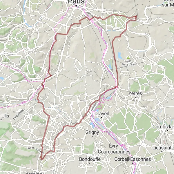 Miniature de la carte de l'inspiration cycliste "Balade à Vélo dans les Vallées de l'Essonne et de la Bièvre" dans la Ile-de-France, France. Générée par le planificateur d'itinéraire cycliste Tarmacs.app
