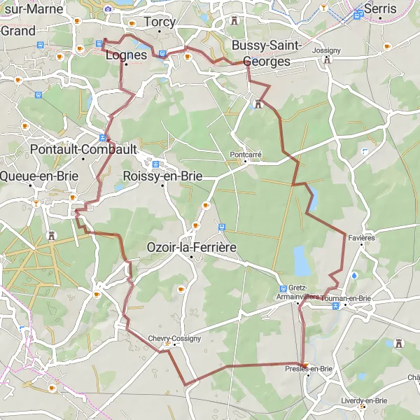 Miniature de la carte de l'inspiration cycliste "Exploration de la Brie" dans la Ile-de-France, France. Générée par le planificateur d'itinéraire cycliste Tarmacs.app
