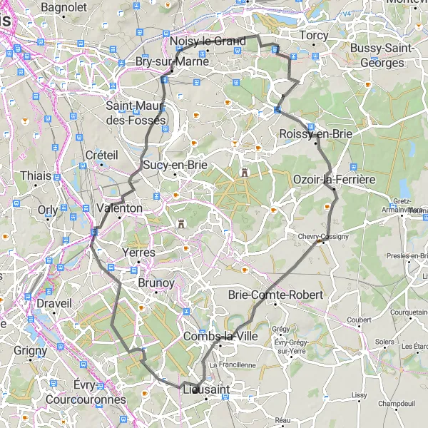 Miniature de la carte de l'inspiration cycliste "Parcours pittoresque de Roissy-en-Brie à Gournay-sur-Marne" dans la Ile-de-France, France. Générée par le planificateur d'itinéraire cycliste Tarmacs.app