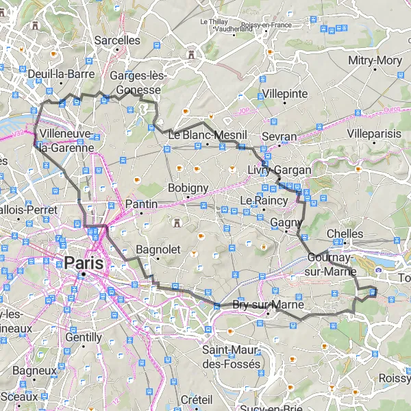 Map miniature of "Exploring Eastern Paris by Road Bike" cycling inspiration in Ile-de-France, France. Generated by Tarmacs.app cycling route planner