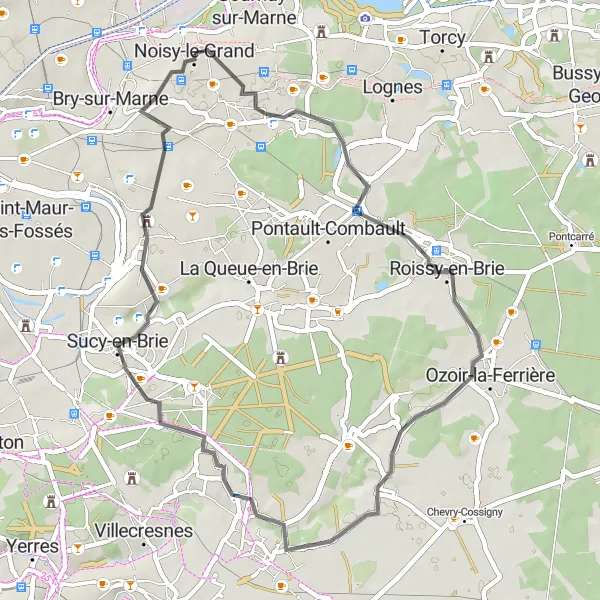 Map miniature of "Road Route 1" cycling inspiration in Ile-de-France, France. Generated by Tarmacs.app cycling route planner