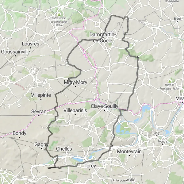 Miniature de la carte de l'inspiration cycliste "Exploration des environs de Noisy-le-Grand" dans la Ile-de-France, France. Générée par le planificateur d'itinéraire cycliste Tarmacs.app