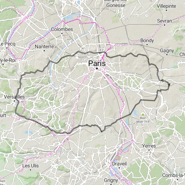 Map miniature of "From Noisy-le-Grand to Versailles via Champigny-sur-Marne and Neuilly-sur-Seine" cycling inspiration in Ile-de-France, France. Generated by Tarmacs.app cycling route planner
