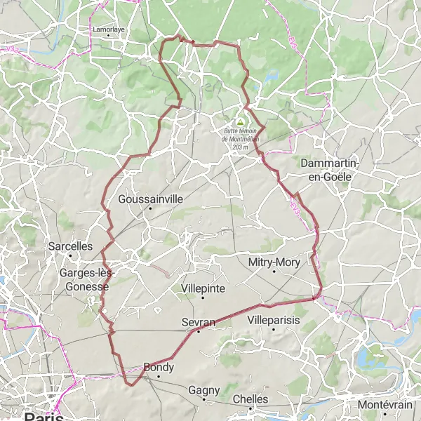 Miniature de la carte de l'inspiration cycliste "Le Tour du Gravel de Noisy-le-Sec" dans la Ile-de-France, France. Générée par le planificateur d'itinéraire cycliste Tarmacs.app