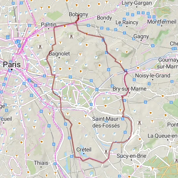 Miniature de la carte de l'inspiration cycliste "Randonnée Gravel en Banlieue Est" dans la Ile-de-France, France. Générée par le planificateur d'itinéraire cycliste Tarmacs.app