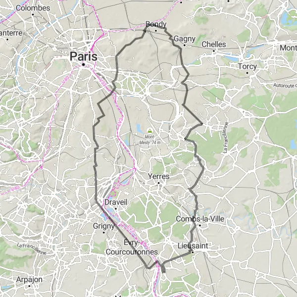 Map miniature of "Road to Rural Splendor" cycling inspiration in Ile-de-France, France. Generated by Tarmacs.app cycling route planner