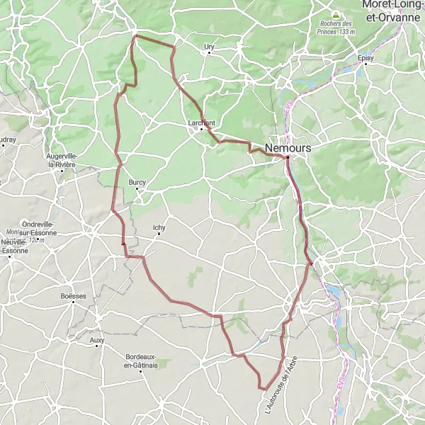 Miniature de la carte de l'inspiration cycliste "Boucle gravel vers Boissy-aux-Cailles" dans la Ile-de-France, France. Générée par le planificateur d'itinéraire cycliste Tarmacs.app