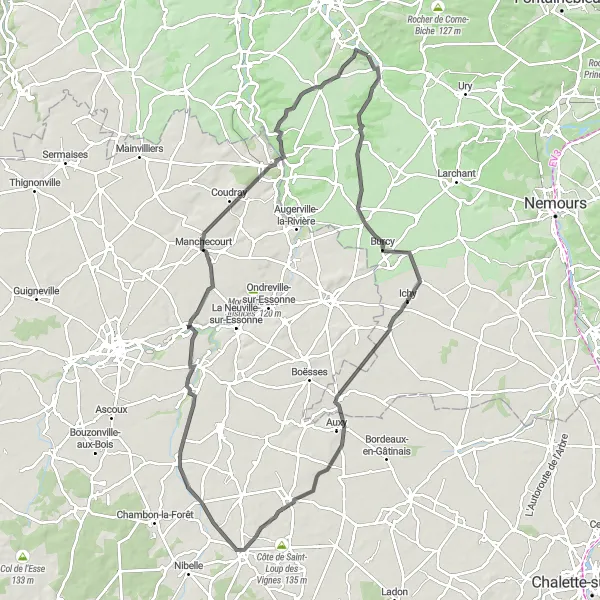 Miniature de la carte de l'inspiration cycliste "Circuit panoramique jusqu'à Malesherbes" dans la Ile-de-France, France. Générée par le planificateur d'itinéraire cycliste Tarmacs.app
