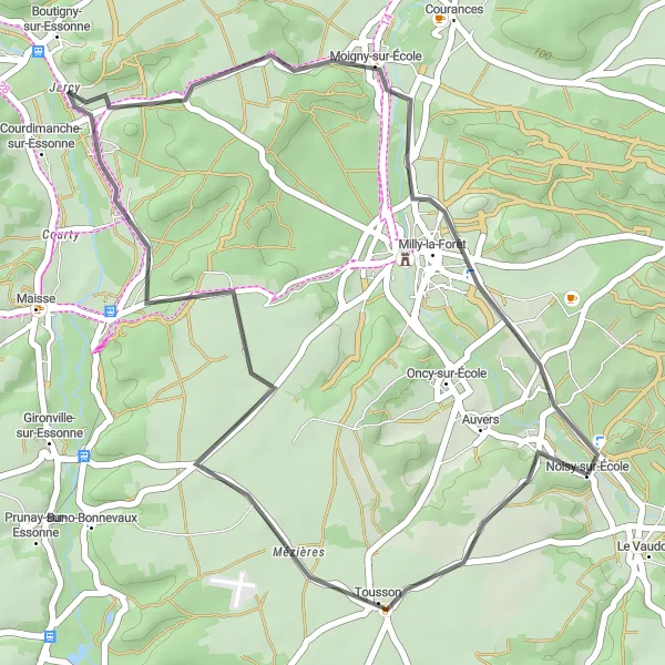 Miniature de la carte de l'inspiration cycliste "Boucle vers Boutigny-sur-Essonne" dans la Ile-de-France, France. Générée par le planificateur d'itinéraire cycliste Tarmacs.app
