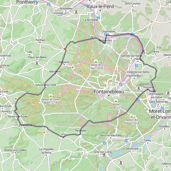 Map miniature of "Artistic Route through Barbizon and Thomery" cycling inspiration in Ile-de-France, France. Generated by Tarmacs.app cycling route planner