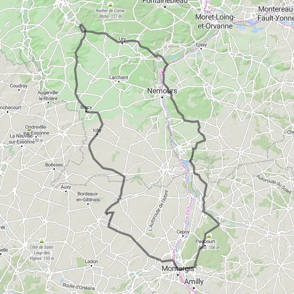 Map miniature of "Challenging Loop from Noisy-sur-École" cycling inspiration in Ile-de-France, France. Generated by Tarmacs.app cycling route planner