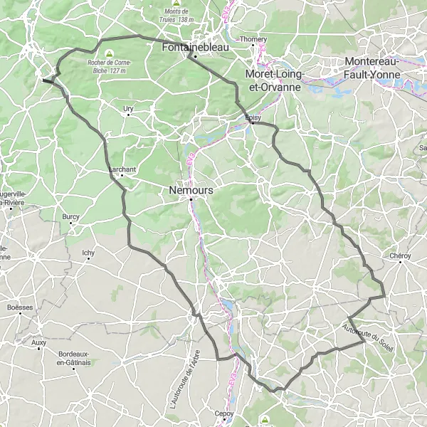 Map miniature of "Scenic Loop through Fontainebleau Forest" cycling inspiration in Ile-de-France, France. Generated by Tarmacs.app cycling route planner