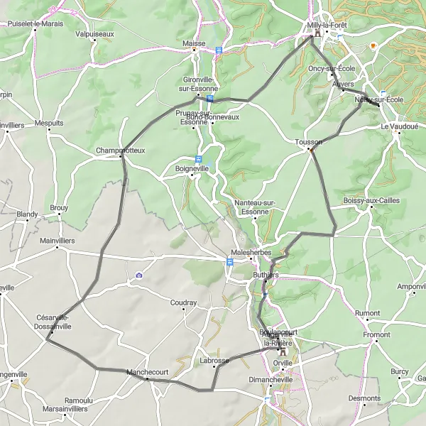 Miniature de la carte de l'inspiration cycliste "Boucle des Vallées de l'Essonne et du Loing" dans la Ile-de-France, France. Générée par le planificateur d'itinéraire cycliste Tarmacs.app