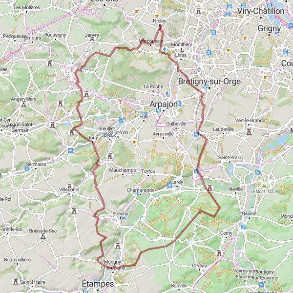 Miniature de la carte de l'inspiration cycliste "Circuit Gravel de Nozay à Marcoussis" dans la Ile-de-France, France. Générée par le planificateur d'itinéraire cycliste Tarmacs.app
