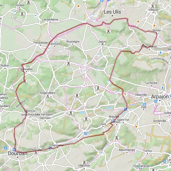 Miniature de la carte de l'inspiration cycliste "Parcours gravel Dourdan - Nozay" dans la Ile-de-France, France. Générée par le planificateur d'itinéraire cycliste Tarmacs.app