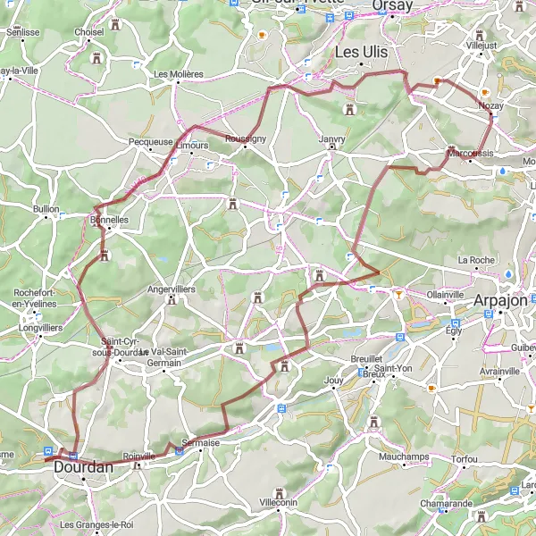 Miniature de la carte de l'inspiration cycliste "Boucle Gravel de Marcoussis à Nozay" dans la Ile-de-France, France. Générée par le planificateur d'itinéraire cycliste Tarmacs.app