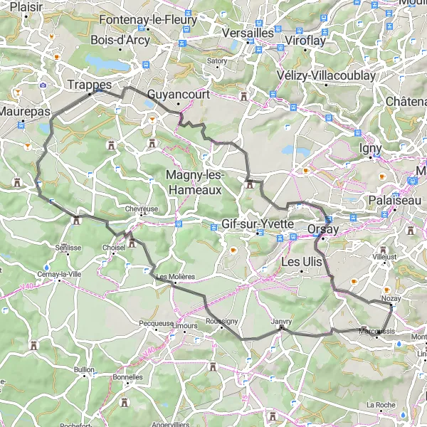 Miniature de la carte de l'inspiration cycliste "Boucle à vélo Nozay-Marroussis-Janvry-Choisel-Trappes-Orsay" dans la Ile-de-France, France. Générée par le planificateur d'itinéraire cycliste Tarmacs.app