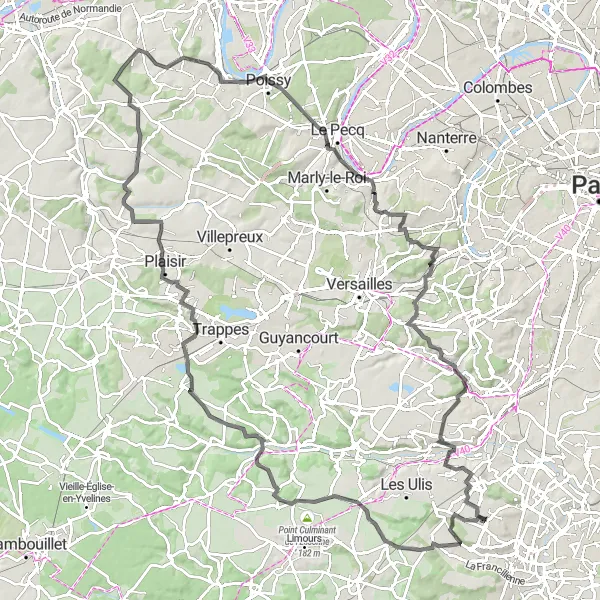 Miniature de la carte de l'inspiration cycliste "Tour en Vélo de Route du Mesnil-Saint-Denis à Nozay" dans la Ile-de-France, France. Générée par le planificateur d'itinéraire cycliste Tarmacs.app