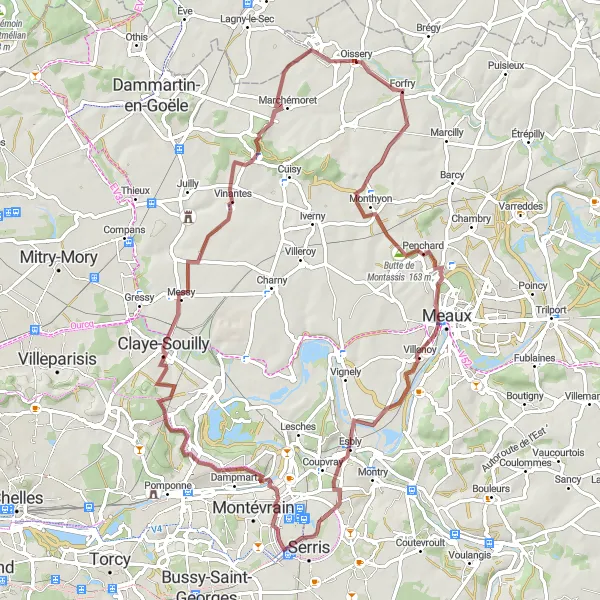 Miniature de la carte de l'inspiration cycliste "Tour de Forfry et Esbly en Gravel" dans la Ile-de-France, France. Générée par le planificateur d'itinéraire cycliste Tarmacs.app