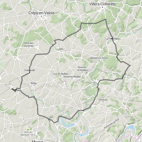 Miniature de la carte de l'inspiration cycliste "Tour du Valois" dans la Ile-de-France, France. Générée par le planificateur d'itinéraire cycliste Tarmacs.app