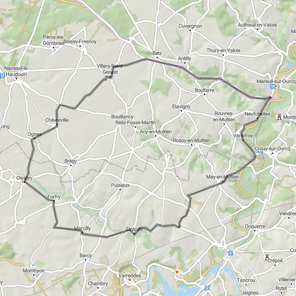 Map miniature of "Villers-Saint-Genest and Varinfroy Road Route" cycling inspiration in Ile-de-France, France. Generated by Tarmacs.app cycling route planner