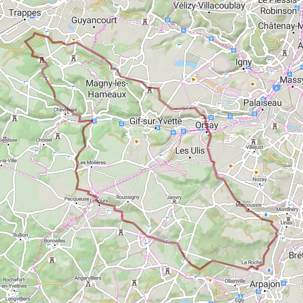 Miniature de la carte de l'inspiration cycliste "Aventure gravel de 68 km au départ de Briis-sous-Forges" dans la Ile-de-France, France. Générée par le planificateur d'itinéraire cycliste Tarmacs.app