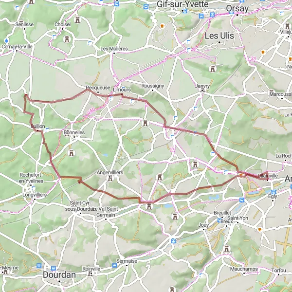 Miniature de la carte de l'inspiration cycliste "Boucle de Graviers à Bullion" dans la Ile-de-France, France. Générée par le planificateur d'itinéraire cycliste Tarmacs.app