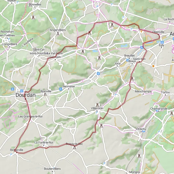 Miniature de la carte de l'inspiration cycliste "Randonnée Gravel à Bruyères-le-Châtel" dans la Ile-de-France, France. Générée par le planificateur d'itinéraire cycliste Tarmacs.app